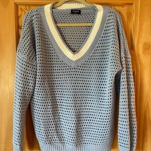 Fate Blue and White Oversized Open Knit  Sweater